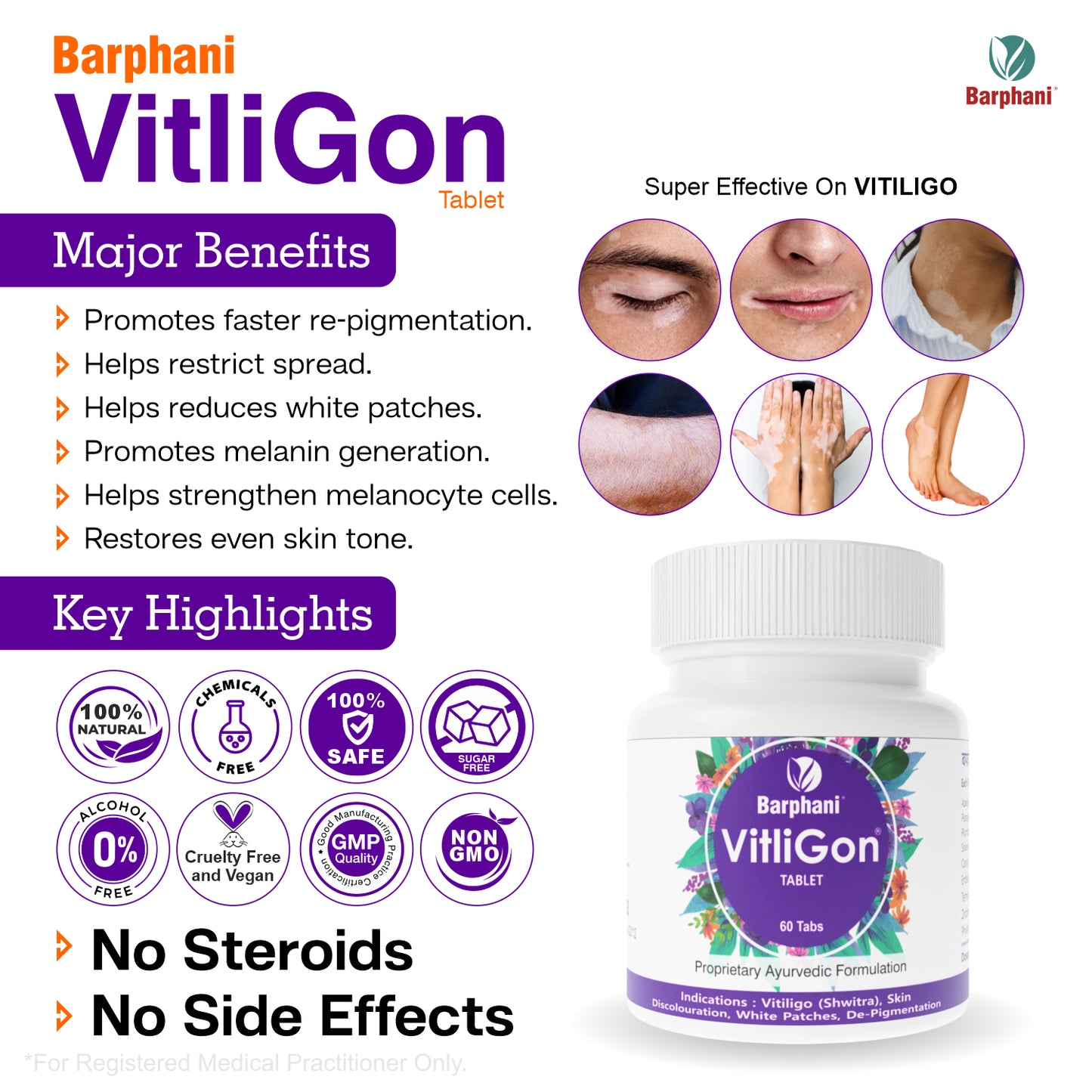 बर्फानी विटलीगोन टैबलेट - सफेद पैच, रंग बदलने, डी-पिगमेंटेशन, तेज़ परिणामों पर अत्यधिक प्रभावी, स्प्रेड को प्रतिबंधित करने में मदद करता है- 60 टैब पैक