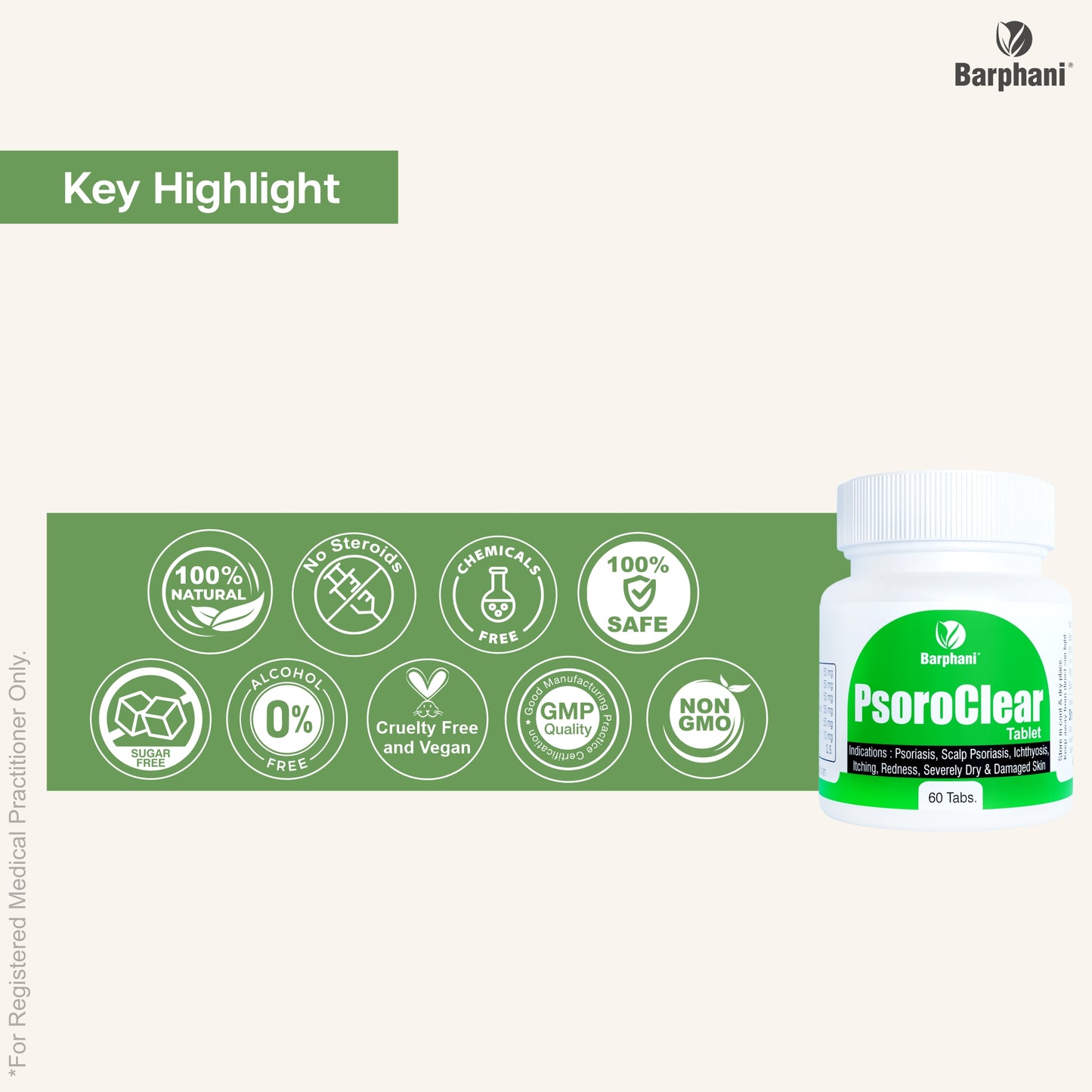 বারফানি PsoroClear 60 ট্যাব- সোরিয়াসিস, স্কাল্প সোরিয়াসিস, চুলকানি, লালভাব, গাঢ় দাগ, স্কেলিং এবং ফ্লেকিংয়ের জন্য তাত্ক্ষণিক উপশম। কোন স্টেরয়েড নেই। দ্রুত ব্যবস্থা