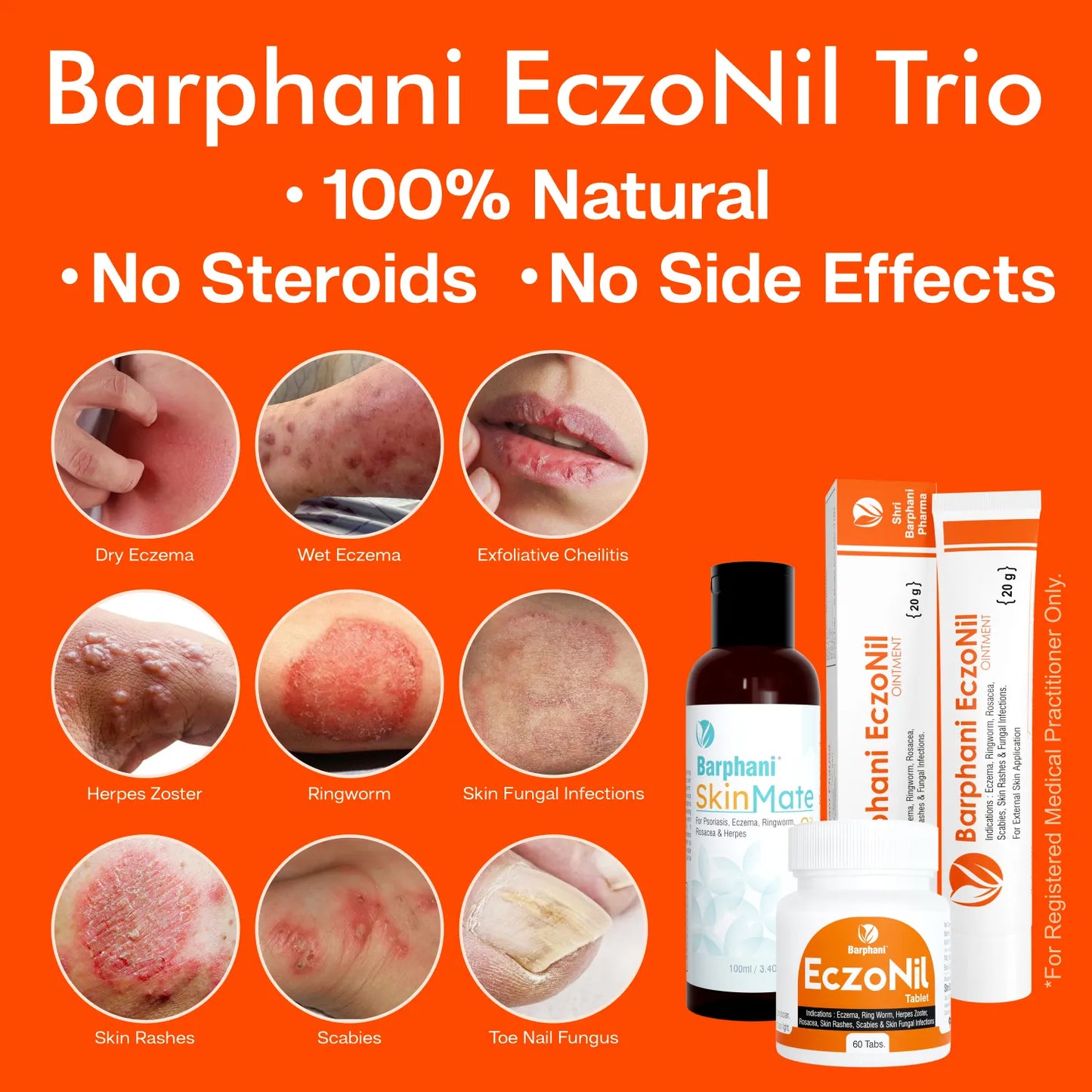 Barphani EczoNil Trio- EczoNil Oint 40g EczoNil Tabs60 SkinMate Oil100ml Super Relief Dry Wet Eczema Dermatitis Ringworm Fungal Infections Skin Rashes