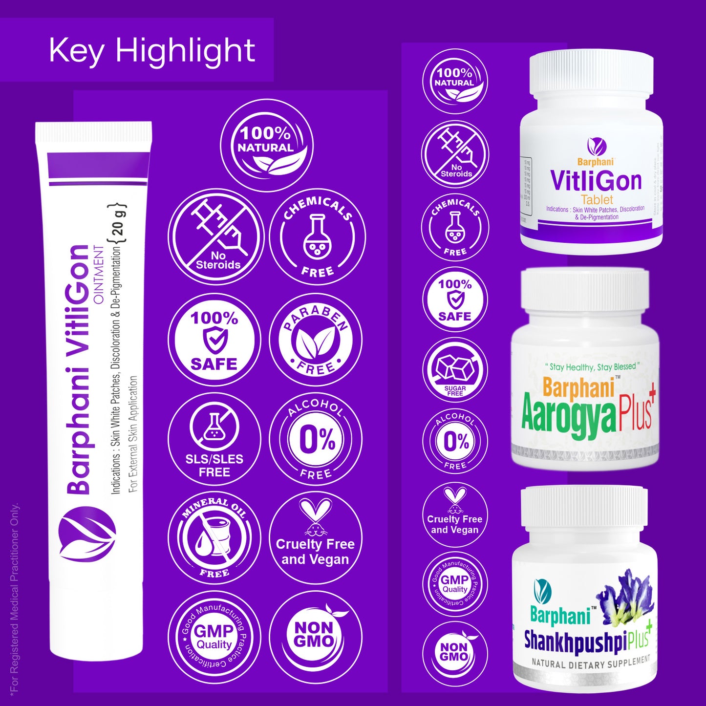 Barphani VitliGon Combo4- VitiliGon Cream(4) VitliGon Tab(60) AarogyaPlus Tab(90) ShankhpushpiPlus Tab(60)-For Vitiligo White Patches & RePigmentation