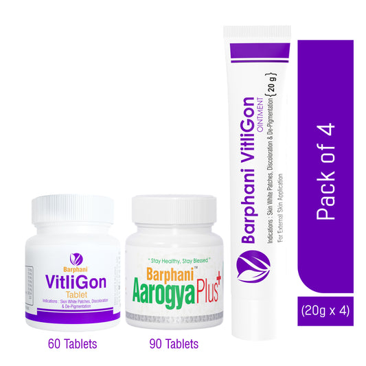 Barphani VitliGon Combo2-Vitiligo Cream4, VitliGon Tabs 60 & AarogyaPlus Tabs 90-Effective on Vitiligo White Patches, Discoloration & Re-Pigmentation
