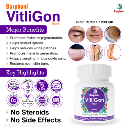 बर्फानी विटलीगोन टैबलेट - सफेद पैच, रंग बदलने, डी-पिगमेंटेशन, तेज़ परिणामों पर अत्यधिक प्रभावी, स्प्रेड को प्रतिबंधित करने में मदद करता है- 60 टैब पैक