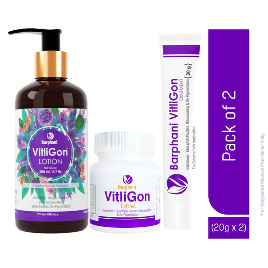 Barphani VitliGon Essential Kit 1 For Vitiligo Leucoderma Skin White Patches Pigmentation Increase Melanin Control Spread Lotion 200ml Oint 40g Tab 60