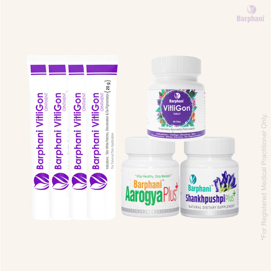 बर्फानी विटलीगोन कॉम्बो 4-विटिलिगो क्रीम (4) विटलीगोन टैब (60) आरोग्यप्लस टैब (90) शंखपुष्पीप्लस टैब (60) - विटिलिगो सफेद पैच और पुन: रंजकता के लिए