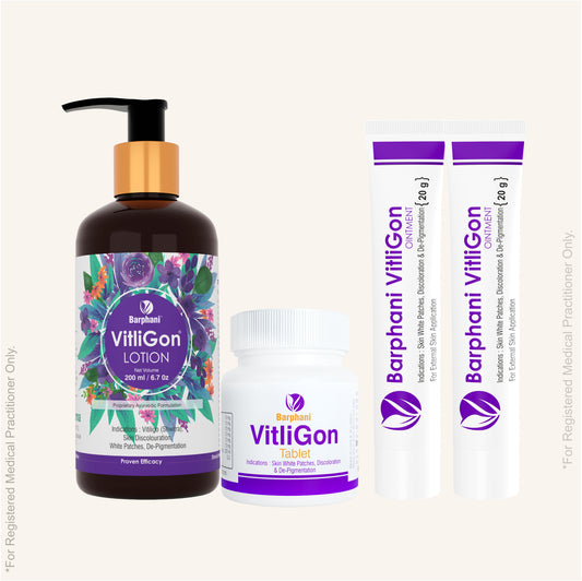 Barphani VitliGon Essential Kit 1 For Vitiligo Leucoderma Skin White Patches Pigmentation Increase Melanin Control Spread Lotion 200ml Oint 40g Tab 60