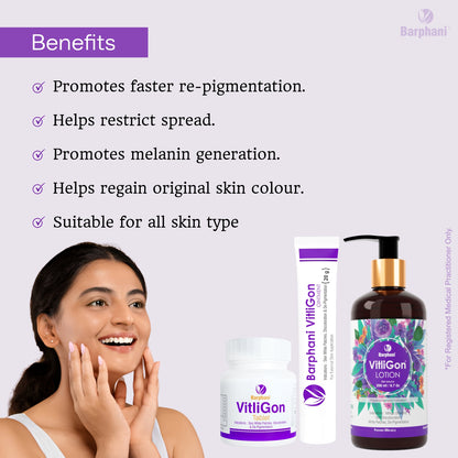 Barphani VitliGon Essential Kit 1 For Vitiligo Leucoderma Skin White Patches Pigmentation Increase Melanin Control Spread Lotion 200ml Oint 40g Tab 60