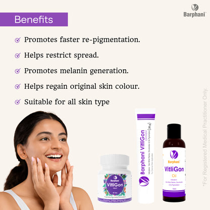 बर्फानी विटलीगोन कॉम्बो 1-विटिलिगो क्रीम (6) विटलीगोन टैब (60) और आरोग्यप्लस टैब (90) - सफेद दाग, मलिनकिरण और पुन: रंजकता पर प्रभावी