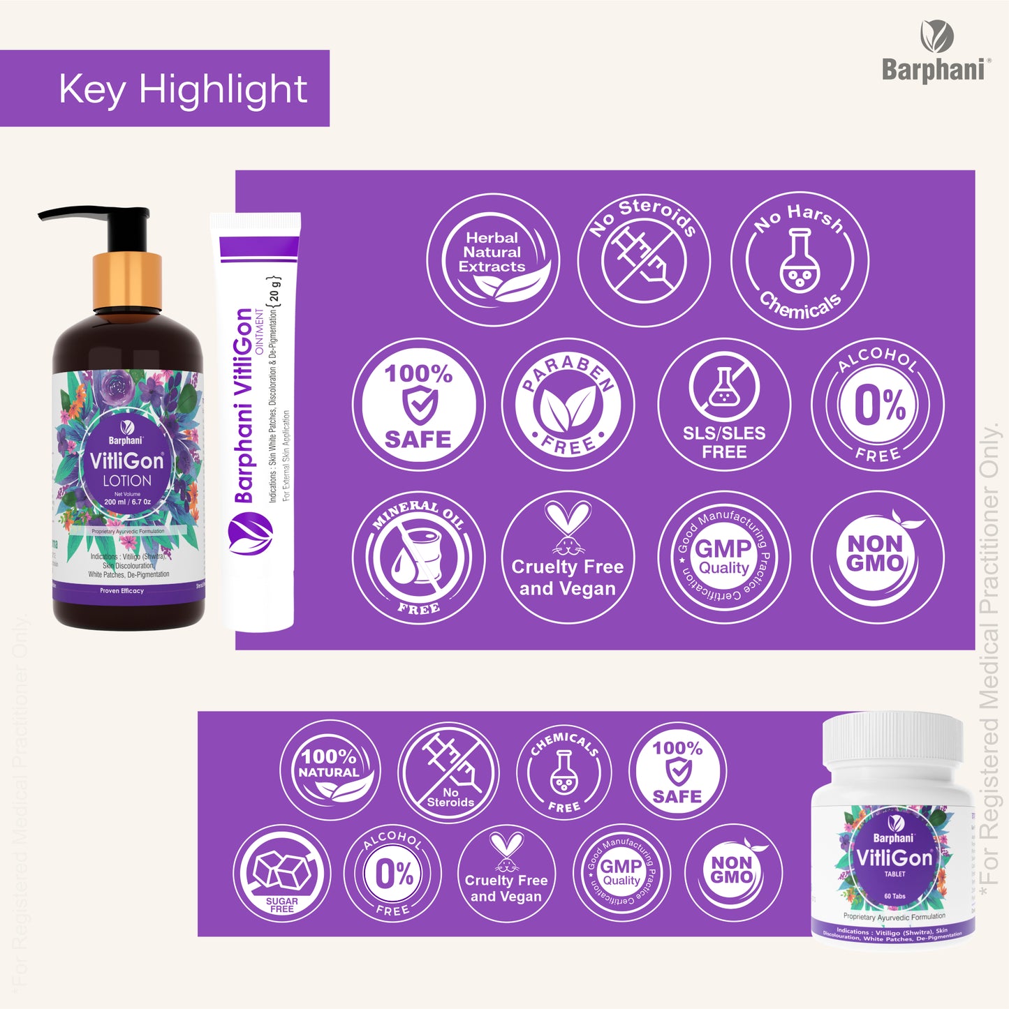 Barphani VitliGon Essential Kit 1 For Vitiligo Leucoderma Skin White Patches Pigmentation Increase Melanin Control Spread Lotion 200ml Oint 40g Tab 60