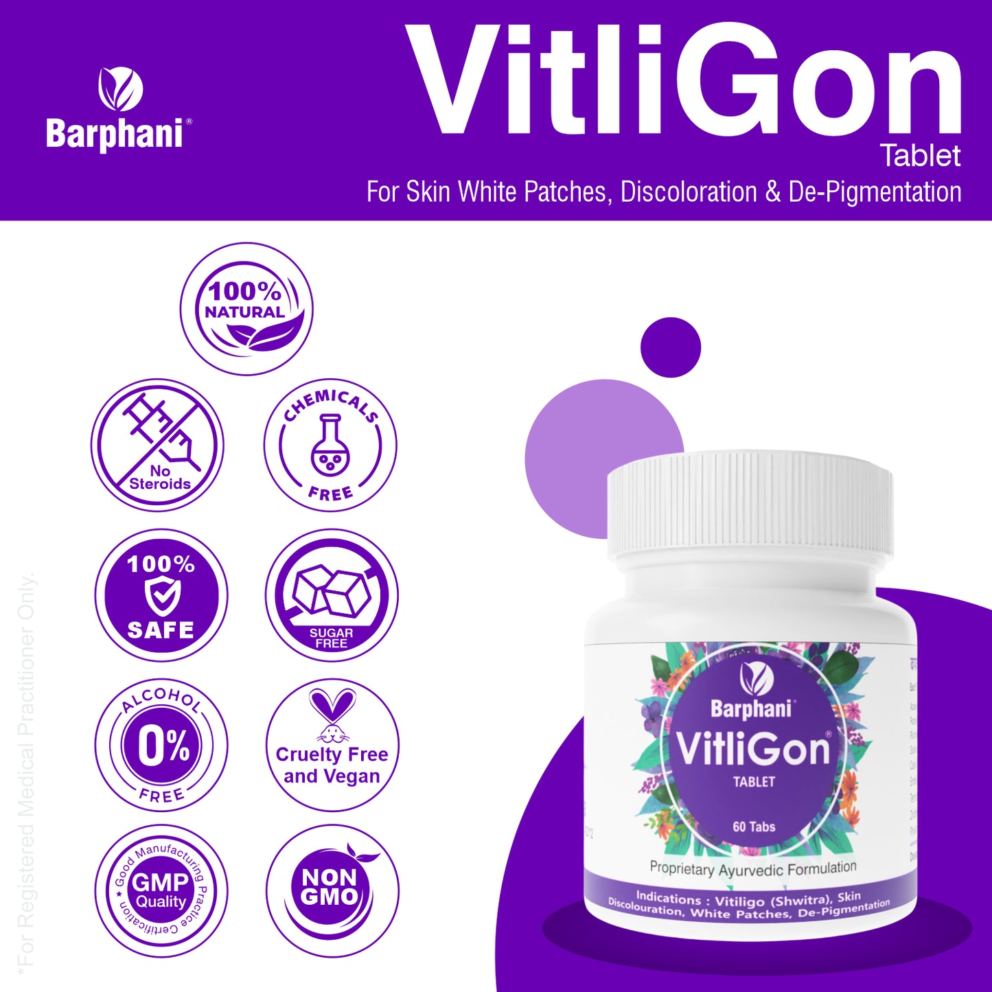 बर्फानी विटलीगोन टैबलेट - सफेद पैच, रंग बदलने, डी-पिगमेंटेशन, तेज़ परिणामों पर अत्यधिक प्रभावी, स्प्रेड को प्रतिबंधित करने में मदद करता है- 60 टैब पैक