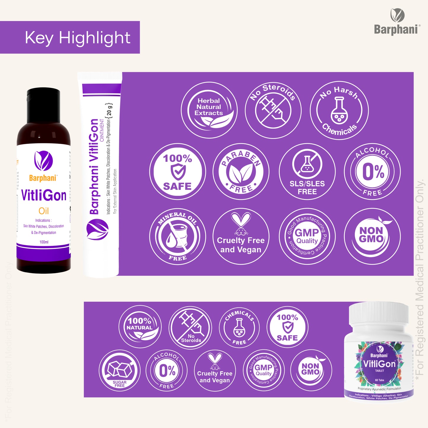 बर्फानी विटलीगोन कॉम्बो 1-विटिलिगो क्रीम (6) विटलीगोन टैब (60) और आरोग्यप्लस टैब (90) - सफेद दाग, मलिनकिरण और पुन: रंजकता पर प्रभावी