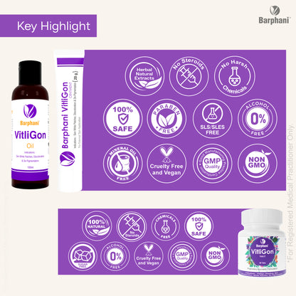 बर्फानी विटलीगोन कॉम्बो 1-विटिलिगो क्रीम (6) विटलीगोन टैब (60) और आरोग्यप्लस टैब (90) - सफेद दाग, मलिनकिरण और पुन: रंजकता पर प्रभावी