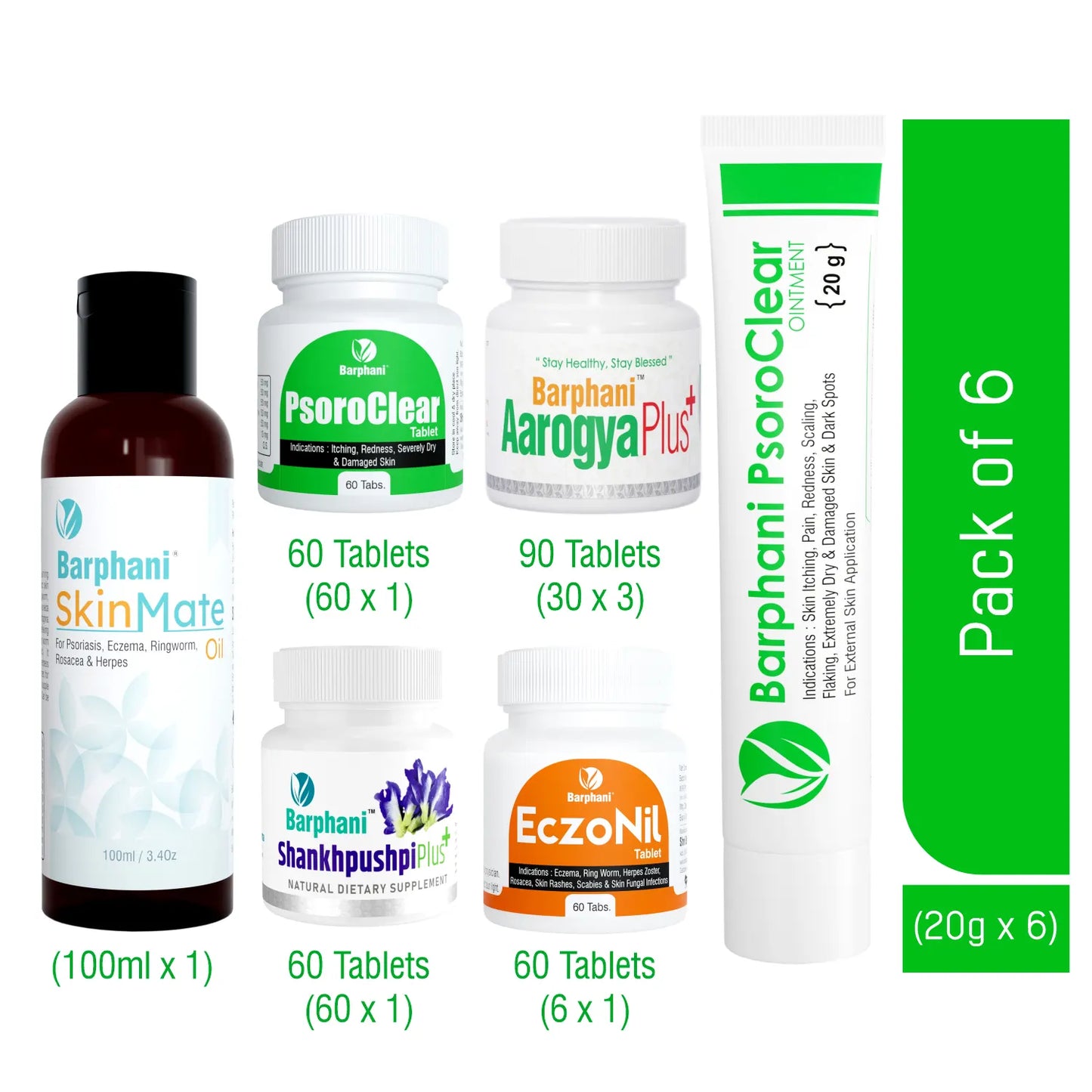 Barphani PsoroClear Kit4-Psoriasis Cream(6) PsoroClear Tab(60) EczoNil Tab (60) AarogyaPlus Tab(90) ShankhpushpiPlus Tab(60) SkinMate Oil (100ml) Longterm Psoro Relief