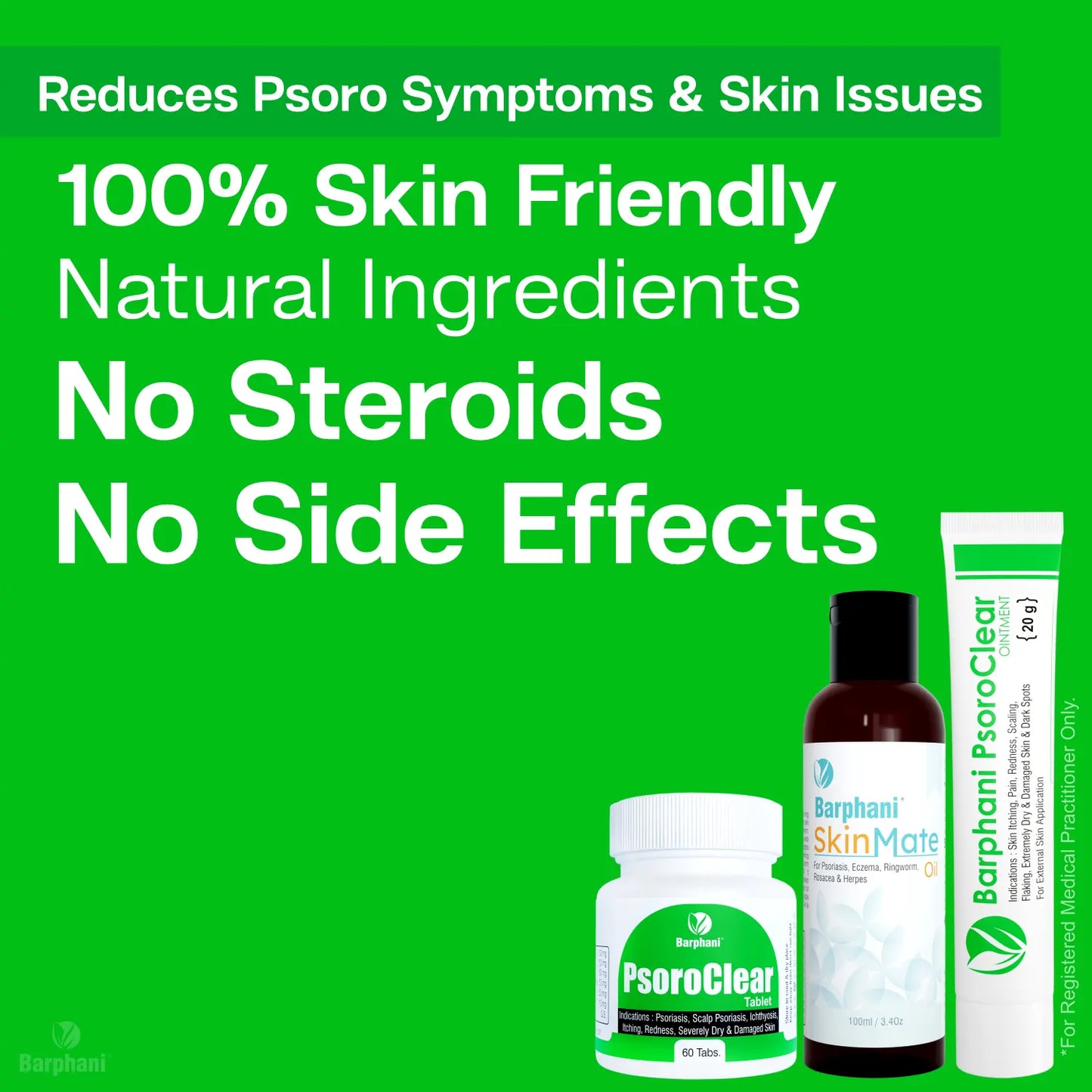 Barphani PsoroClear Trio Pack - Psoriasis Cream(2) PsoroClear Tab(60) SkinMate Oil(100ml) Longterm Psoro Relief