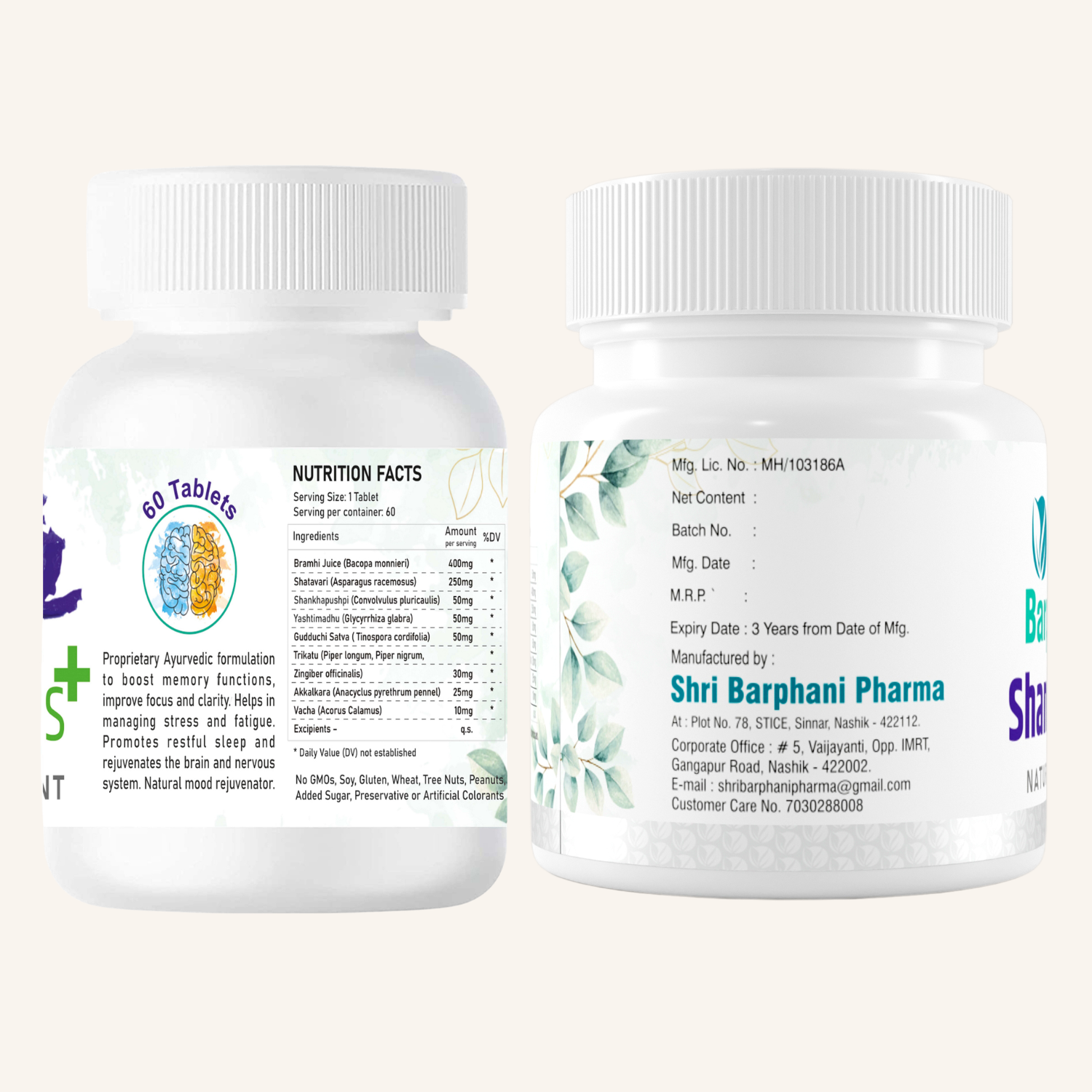 Barphani Shankhpushpi Plus-Instant Stress n Tension Relief, For Stress-Induced Conditions Like Vitiligo Psoriasis Eczema Melasma- 60 Tabs