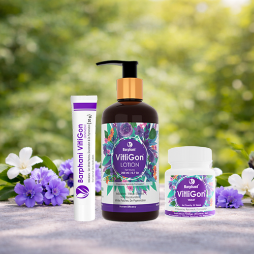 Barphani VitliGon Essential Kit 1 For Vitiligo Leucoderma Skin White Patches Pigmentation Increase Melanin Control Spread Lotion 200ml Oint 40g Tab 60