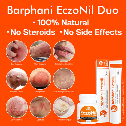 Barphani EczoNil Duo- Eczema Cream(6)+EczoNilTabs(60)-விரைவு நிவாரண எக்ஸிமா Exfoliative Cheilitis (EC) உலர் ஈரமான அரிக்கும் தோலழற்சி ரிங்வோர்ம் பூஞ்சை தொற்று உலர் தோல்