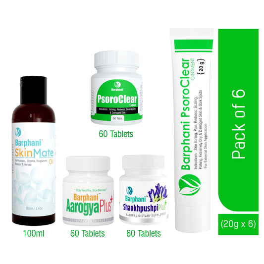 Barphani PsoroClear Kit3- PsoroClear Cream 6 PsoroClear Tab60 AarogyaPlus Tab 60 Shankhpushpi Plus Tab 60 SkinMate Oil 100ml Longterm Psoriasis Relief