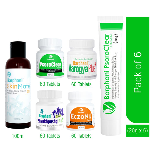 Barphani PsoroClear Kit4-Psoriasis Cream(6) PsoroClear Tab(60) EczoNil Tab (60) AarogyaPlus Tab(60) ShankhpushpiPlus Tab(60) SkinMate Oil (100ml) Longterm Psoro Relief