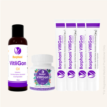 बर्फानी विटलीगोन कॉम्बो 1-विटिलिगो क्रीम (6) विटलीगोन टैब (60) और आरोग्यप्लस टैब (90) - सफेद दाग, मलिनकिरण और पुन: रंजकता पर प्रभावी