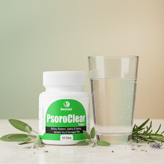 Barphani PsoroClear 60 Tabs - Instant & long term relief for Psoriasis, Scalp Psoriasis, itching, scaling, redness, dark Spots, flaking. Quick action