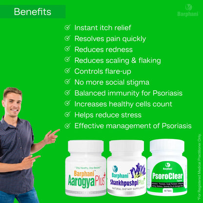 PsoroClear Power Combo for Lasting Psoriasis Relief No Steroids No Side Effects- PsoroClear Tab 60 Shankhpushpi Plus Tab 60 AarogyaPlus Tab 90