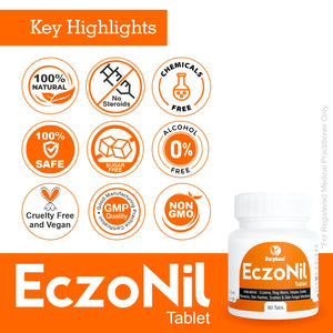 বারফানি EczoNil ট্যাব(৬০)-দ্রুত উপশম ক্রনিক একজিমা ডার্মাটাইটিস সোরিয়াসিস এক্সফোলিয়েটিভ চেইলাইটিস (ইসি) দাদ ছত্রাক সংক্রমণ চুলকানি লালভাব শুষ্ক ত্বক