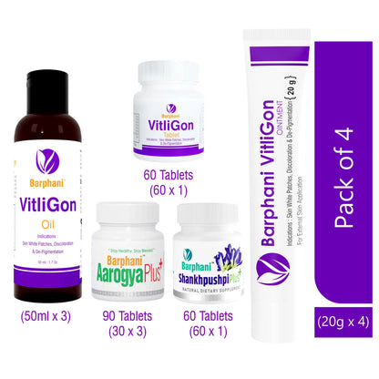 Barphani VitliGon Transformation Combo For Vitiligo- 4 VitiliGon Cream 60 VitliGon Tabs VitliGon Oil 150ml AarogyaPlus Tab 90 ShankhpushpiPlus Tab 60